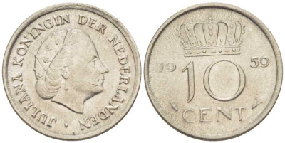 НИДЕРЛАНДЫ 10 ЦЕНТОВ 1959 ЮЛИАНА KM 182 никель 66-821