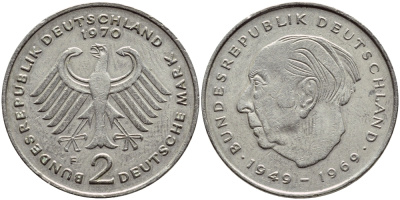 ФРГ 2 марки 1970 F, Теодор Хойс KM A127, J. 407 медно-никель плакированный никелем 4606-1157