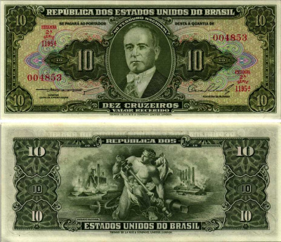 БРАЗИЛИЯ 10 КРУЗЕЙРО 1953-1960 СЕРИЯ 1195А, ESTAMPA 2А Pick 159b бумага UNC (ПРЕСС) 7547-38-2-2