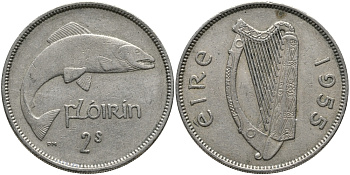 ИРЛАНДИЯ 1 ФЛОРИН - 2 ШИЛЛИНГА 1955 ЛОСОСЬ KM 15а медно-никель 89-1644