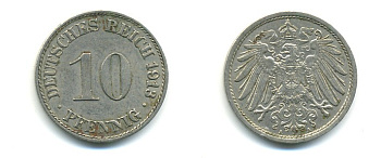 ГЕРМАНИЯ 10 ПФЕННИГОВ 1913 A KM 12, J. 13 медно-никель 4379-861