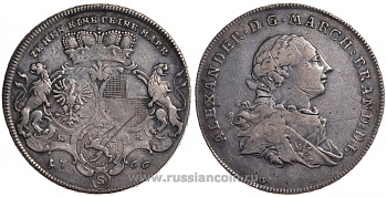 Бранденбург-Ансбах 1 талер 1765 Александр I, малый бюст, с орденским крестом внизу KM 269, Dav. 1995 серебро 00-814-55