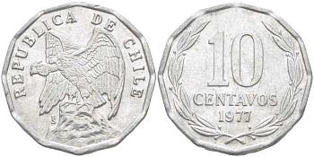 Чили 10 сентаво 1977 KM 205a алюминий 4402-353