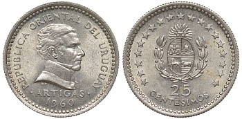 Уругвай 25 сентесимо 1960 KM 40 медно-никель 4532-159