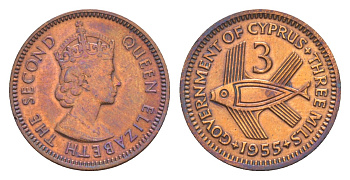 Кипр 3 миля 1955 Елизавета II (1952-2022), рыба KM 33 бронза 4647-737