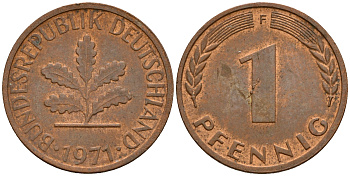 ФРГ 1 пфенниг 1971 F KM 105, J. 380 сталь плакированная медью    4598-452