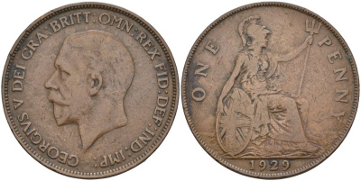 Великобритания 1 пенни 1929 Георг V (1910-1936) KM 838, Spink 4055 бронза 4117-821