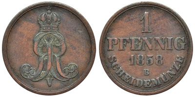 Ганновер 1 пфенниг 1858 B, Георг V KM 233, AKS 156, J. 90 медь 4594-262