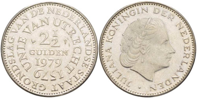 Нидерланды 2 1/2 гульдена 1979 400 лет Утрехтскому союзу, Юлиана (1949-1980) KM 197 никель 215-441