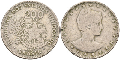 Бразилия 200 рейс 1901 голова свободы вправо KM 504 медно-никель 4589-1114