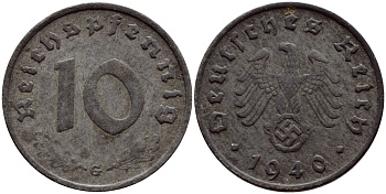 ГЕРМАНИЯ 10 РЕЙХСПФЕННИГОВ 1940 G, KM 101, J. 371 цинк 4391-1033