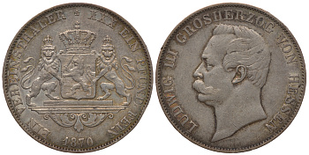 Гессен-Дармштадт 1 талер 1870 Людвиг III (1848-1877) AKS 120, Dav. 707, Kahnt 266, Thun 200, KM 338 серебро 00-807-39