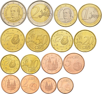 Испания евронабор из 8 монет 2012 1, 2, 5, 10, 20, 50 евроцентов, 1 и 2 евро KM 1040, 1041, 1042, 1070, 1071, 1072, 1073, 1074 UNC 183-621