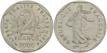 Франция 2 франка 2000 сеятель KM 942.1 никель 4120-431