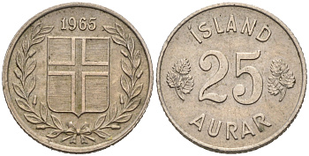 Исландия 25 эйре 1965 KM 11 медно-никель 4564-1244