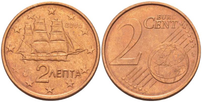 ГРЕЦИЯ 2 ЕВРОЦЕНТА 2002 KM 182 сталь плакированная медью UNC 214-345