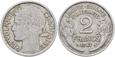 Франция 2 франка 1947 KM 886а.1, Le Franc 269.10 алюминий 4593-315