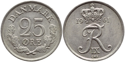 ДАНИЯ 25 ЭРЕ 1961 C; S, ФРЕДЕРИК IX (1947-1972) KM 850 медно-никель UNC 4398-944