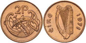 Ирландия 2 пенсов 1971 Виньетка в виде стилизованной птицы из второй библии Карла II Лысого KM 21 бронза 4140-235