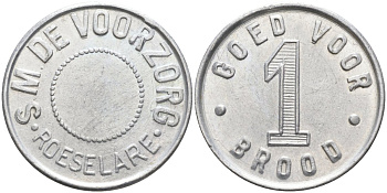 Бельгия токен, жетон 1930-1939 S. M. DE VOORZORG·, 1 BROODEN, GOED VOOR, диаметр 24 мм., ГОРОД РОСЕЛАРЕ, ЭКВИВАЛЕНТ 1 БУХАНКИ ХЛЕБА алюминий 38-526
