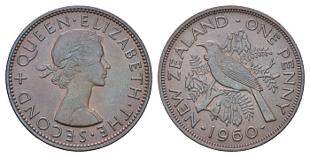 Новая Зеландия 1 пенни 1960 птица туи, Елизавета II (1952-2022) KM 24.2 бронза UNC 4672-312