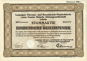 Германия 100 рейхсмарок 1934 АО Лейпцигская фабрика по производству бумаги для хромо- и художественной печати, акция   бумага 8801-57-1