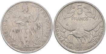 Французская Новая Каледония 5 франков 1999 птица кагу, (IEOM) KM 16, Schoen 12, Lec 81d алюминий 189-216