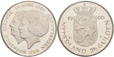 Нидерланды 2 1/2 гульдена 1980 коронация Беатрикс, 30 апреля 1980 KM 201 никель 4593-1032