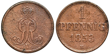 Ганновер 1 пфенниг 1853 B, Георг V KM 221, AKS 155, J. 83 медь 4594-462
