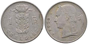 БЕЛЬГИЯ 1 ФРАНК 1956 BELGIE KM 143.1 медно-никель 4382-1253