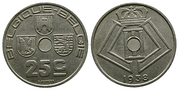 Бельгия 25 сантимов 1938 Belgique - Belgie KM 114.1 никель латунь 259-942