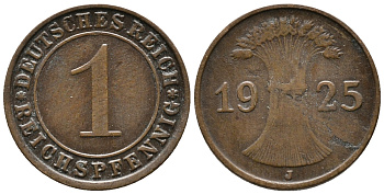 ГЕРМАНИЯ 1 РЕЙХСПФЕННИГ 1925 J KM 37, J. 313 бронза 39-921