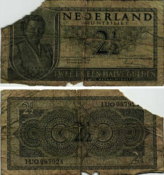 НИДЕРЛАНДЫ 2 1/2 ГУЛЬДЕНА 1949 8 АВГУСТА 1949, КОРОЛЕВА ЮЛИАНА Pick 73 бумага 2192-19-2