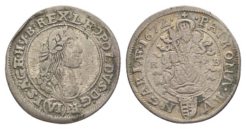 Венгрия 6 крейцеров 1672 KB, Леопольд I (1657-1705) KM 164, EH 1072 серебро 650-513