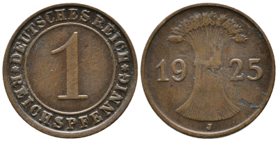 ГЕРМАНИЯ 1 РЕЙХСПФЕННИГ 1925 J KM 37, J. 313 бронза 39-921