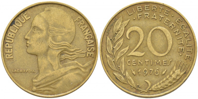 ФРАНЦИЯ 20 САНТИМОВ 1976 ТИП MARIANNE KM 930, LE FRANC 156.16 алюминиевая бронза 4402-955