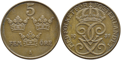Швеция 5 эре 1937 Густав V (1907-1950) KM 779.2 бронза 4394-934