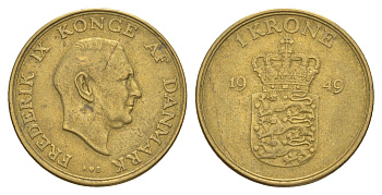 Дания 1 крона 1949 N, Фредерик IX (1947-1972) KM 837 алюминиевая бронза 4638-722