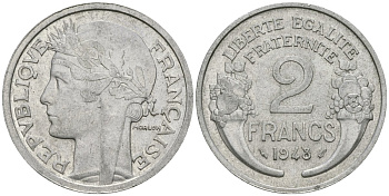 Франция 2 франка 1948 KM 886a.1 алюминий 81-431