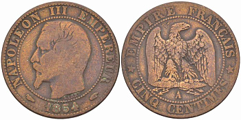 ФРАНЦИЯ 5 САНТИМОВ 1854 A, НАПОЛЕОН III (1852-1870) KM 777.1, LE FRANC 116.8 бронза 108-311