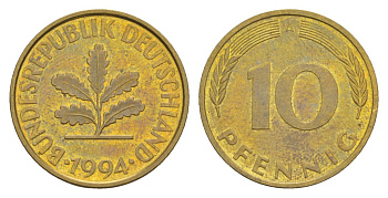 Германия 10 пфеннигов 1994 A KM 108, J. 383 сталь плакированная латунью UNC 4627-132