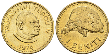 Тонга 1 сенити 1974 король Тауфа’ахау Тупоу IV (1967-2006), черепаха KM 27 a латунь  UNC  220-1053