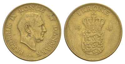 Дания 1 крона 1949 N, Фредерик IX (1947-1972) KM 837 алюминиевая бронза 4638-722