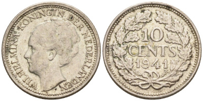Нидерланды 10 центов 1941 Вильгельмина I (1890-1948) КМ 163 серебро 192-222