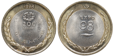Португалия 200 эскудо 1998 EXPO-98, эмблема KM 706 биметалл 4536-913