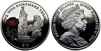 Британские Виргинские острова 10 долларов 2014 в память героев первой мировой войны, памятник, красный мак KM NEW серебро, эмаль  PROOF 1071-1-24