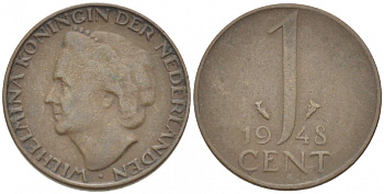 Нидерланды 1 цент 1948 Вильгельмина (1890-1948), год тип KM 175 бронза 3955-212