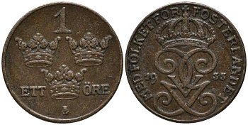 Швеция 1 эре 1933 Густав V (1907-1950) KM 777.2 бронза 201-1131