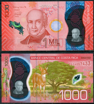 Коста-Рика 1000 колонов 2018 Браулио Каррильо Колина, дерево Гуанакаста, белохвостый олень Pick 280  пластик  UNC (пресс) 8622-3-2-2