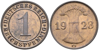 ГЕРМАНИЯ 1 РЕЙХСПФЕННИГ 1928 G KM 37, J. 313, Weege 2 бронза 4547-136